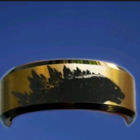 Godzilla Silhouette Minimalist Engraved Tungsten Beveled Edge Ring 8mm